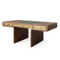 Three drawer Fonda Desk made in oiled African Walnut with a Black Vellum top panel and brass drawers, handles and feet.