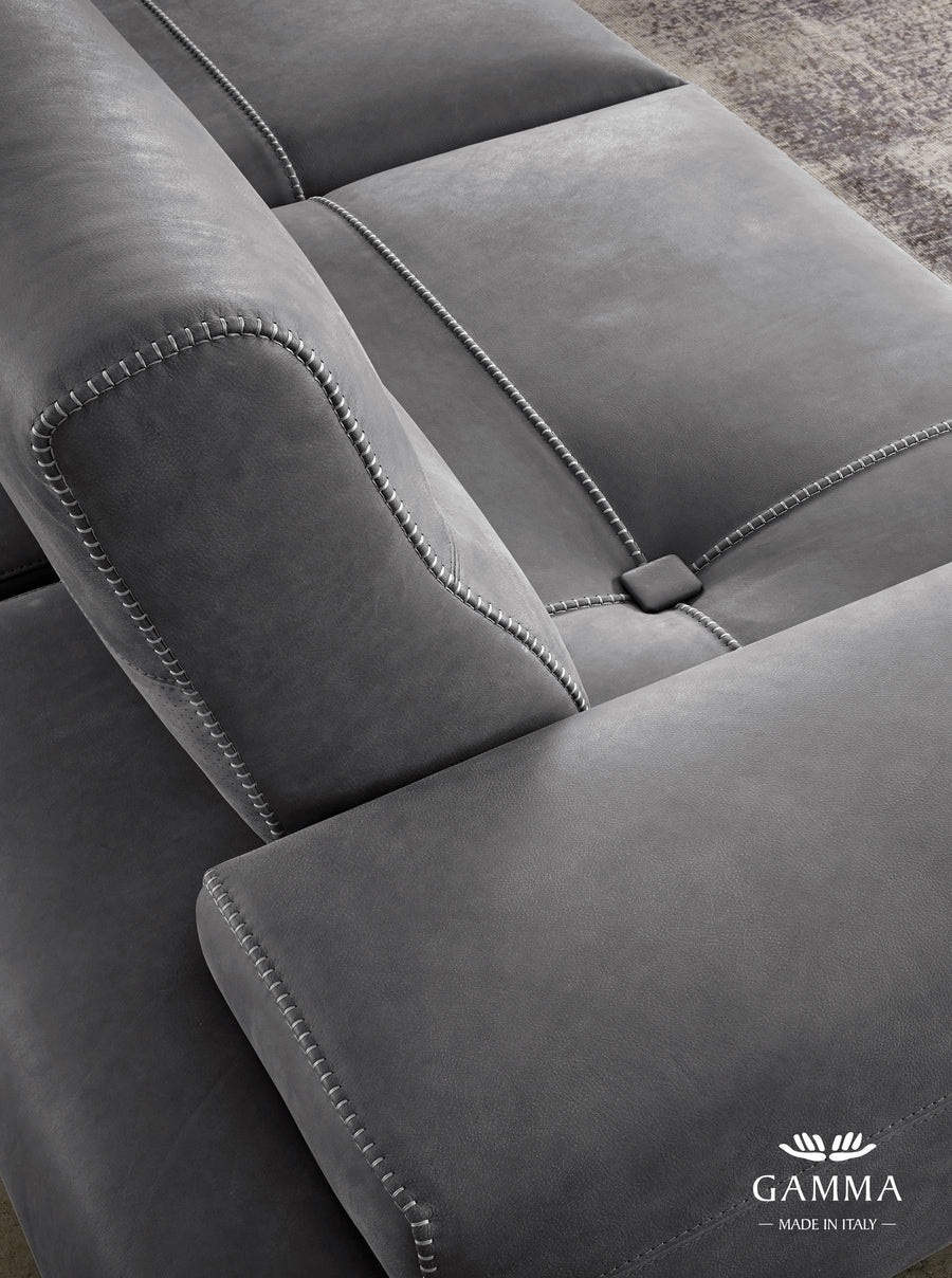 Closed up top view on grey leather Smart sofa.
