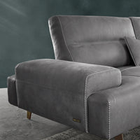 Closed up left side view on grey leather Smart sofa.