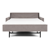 American Leather Harris Two Seat Comfort Sofa bed chenille charcoal with high wood legs, pulled-out, front view.