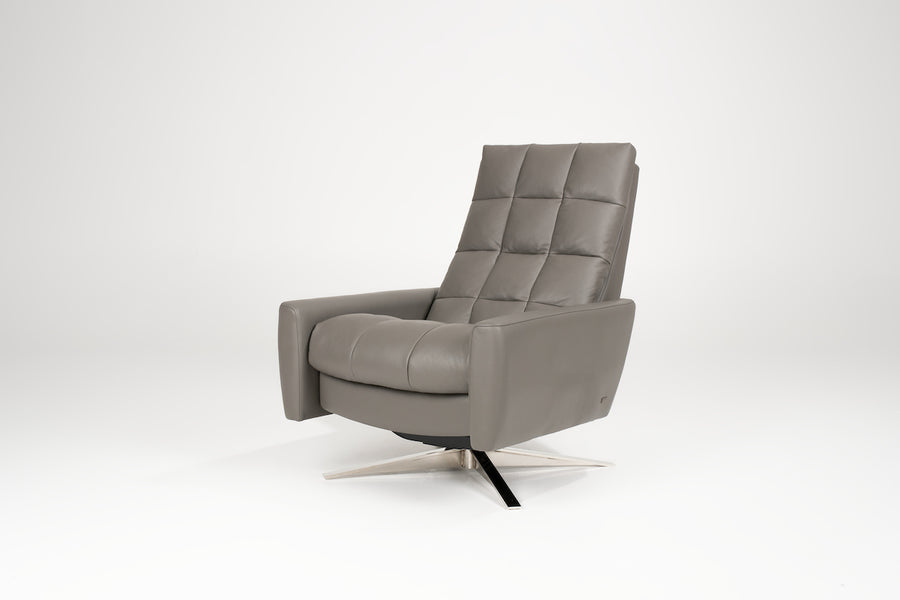 A grey leather Huron recliner and lounge chair with natural walnut four-star base, front and side view.