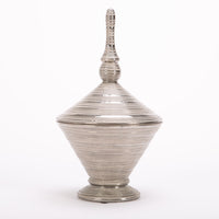Nifty Lidded ceramic Jar in silver metallic glaze.