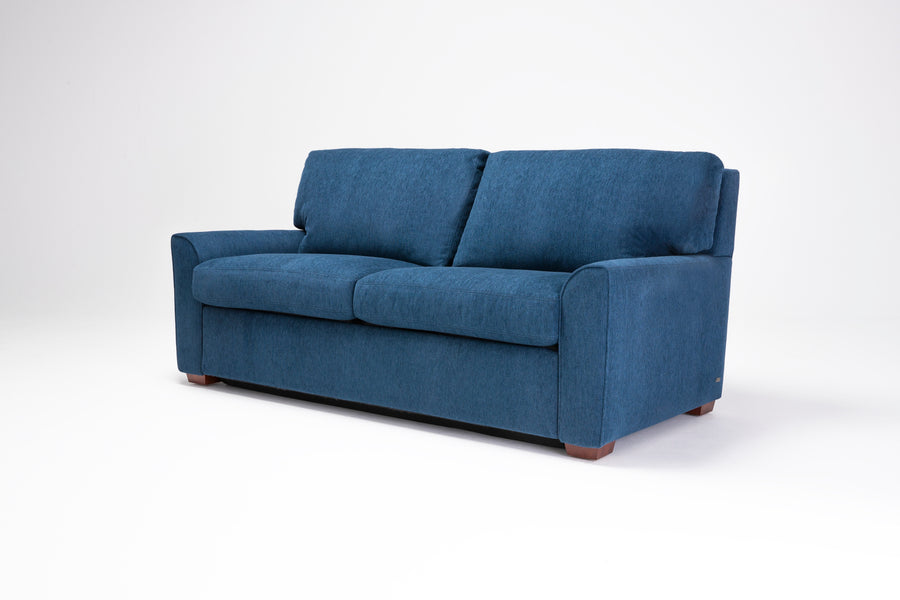 American Leather Klein Two Seat Comfort Sofa bed in blue color, front and side view.