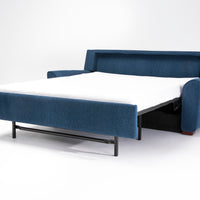 American Leather Klein Two Seat Comfort Sofa bed in blue color, front and side view, pulled-out