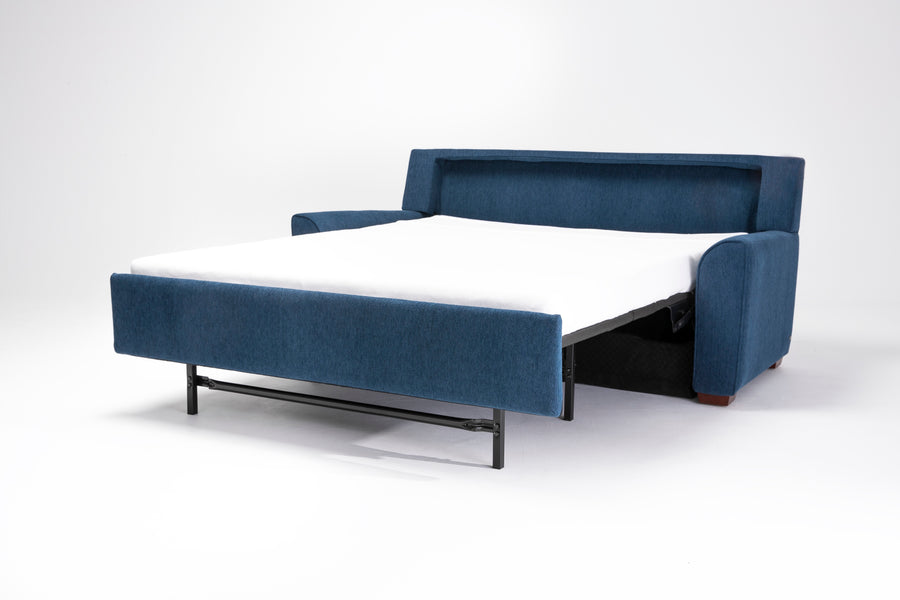 American Leather Klein Two Seat Comfort Sofa bed in blue color, front and side view, pulled-out