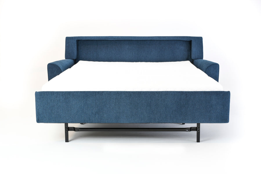 American Leather Klein Two Seat Comfort Sofa bed in blue color, front view, pulled-out