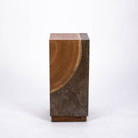 Kobe Low cuboid side table with wooden look made from ollection of organic designed metal and “Toasted Yukas” wood species from South America.