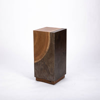 Kobe Low cuboid side table with wooden look made from ollection of organic designed metal and “Toasted Yukas” wood species from South America.