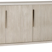 Axis Media Console cabinet in light colors with four doors, two adjustable shelves, one interior drawer, and standard bronze hardware.