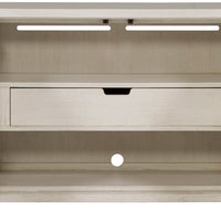 Axis Media Console cabinet in light colors with four doors, two adjustable shelves, one interior drawer, and standard bronze hardware. Full front view with all doors opened.