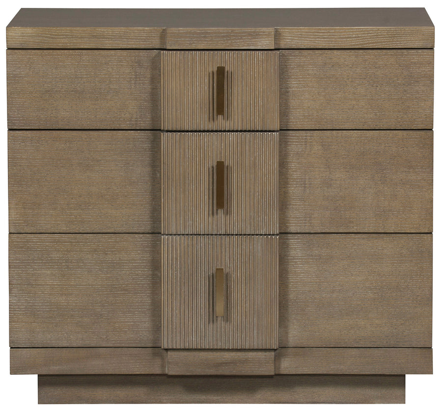 Axis 3 Drawer Nightstand in wood color with White Bronze Hardware, Luxury composite Accents, full front view.