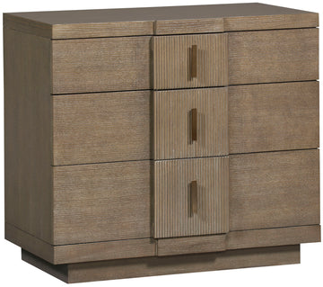 Axis 3 Drawer Nightstand in wood color with White Bronze Hardware, Luxury composite Accents.
