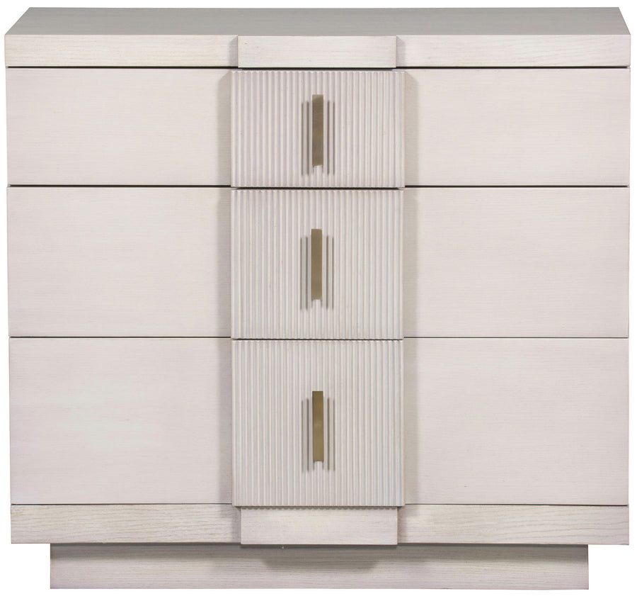 Axis 3 Drawer Nightstand in white color with White Bronze Hardware, Luxury composite Accents, full front view.