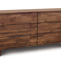 Linn 6 Drawer Dresser with Simple American modern design using natural Walnut hardwood, side and front view.
