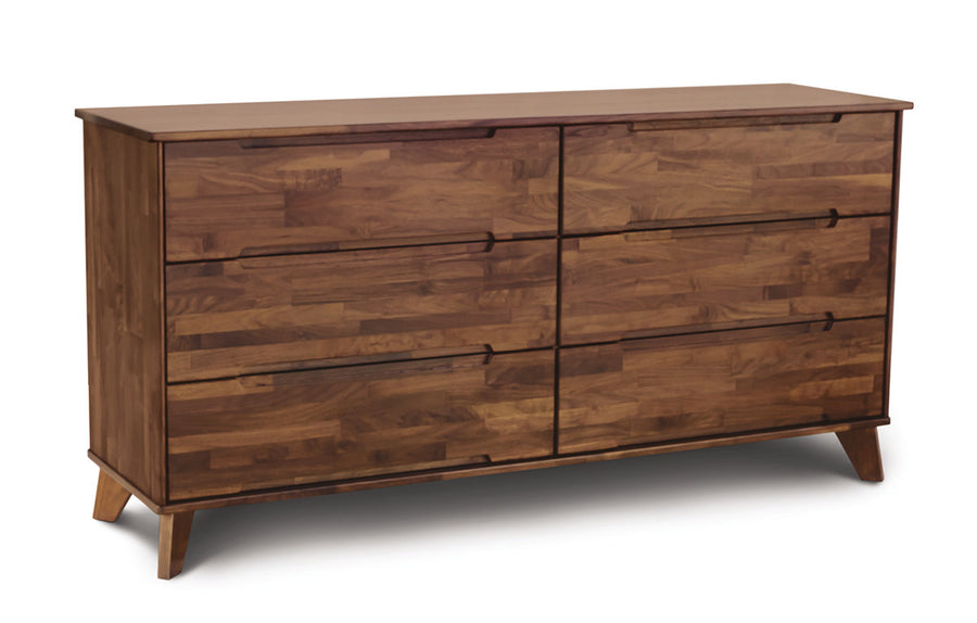 Linn 6 Drawer Dresser with Simple American modern design using natural Walnut hardwood, side and front view.