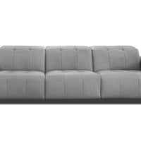 Grey leather 3 seater sofa consisting of 1 left arm, 1 right arm, and 1 armless chair with electric head and footrest.