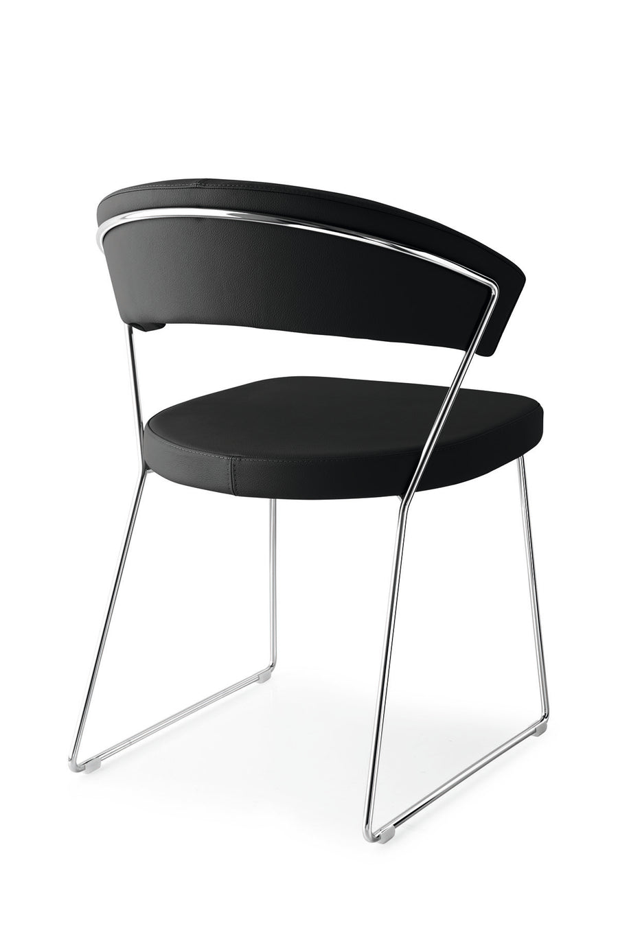 A black leather New York Dining Chair with metal frame and sled base and curved back. Back and side view.