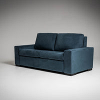American Leather Olson Two Seat Standard (Queen) Comfort Sofa bed in indigo color, side and front view.
