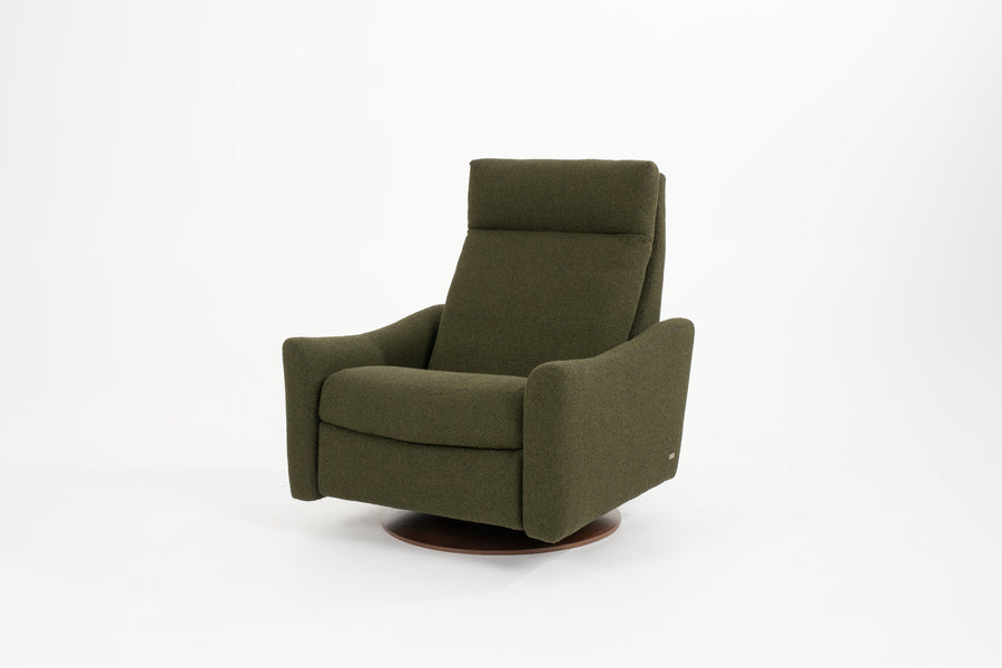 A green fabric Ontario modern rocking recliner chair.
