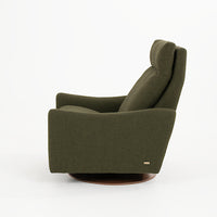 A green fabric Ontario modern rocking recliner chair, side view.