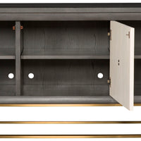 Wallace Storage Console cabinet in black and white colors with three doors and three adjustable shelves, satin brass plated base and hardware, presented with all doors opened to show the inside of the cabinet.