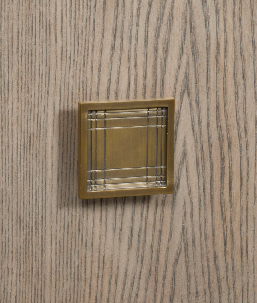 Close up look of the satin brass plated hardware on Wallace storage console.