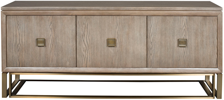 Wallace Storage Console cabinet in wood colors with three doors and three adjustable shelves, satin brass plated base and hardware.