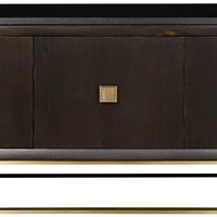 Wallace Storage Console cabinet in brown colors with three doors and three adjustable shelves, satin brass plated base and hardware, front view.