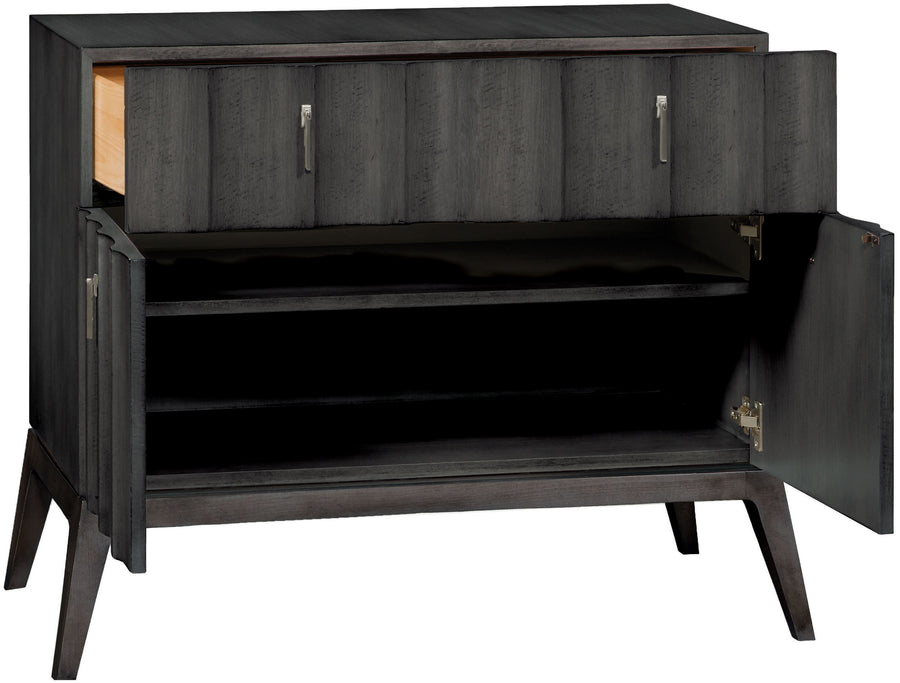 Ava Hall chest, black, brushed hardware, with opened drawers and doors.