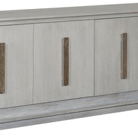 Ridge media Console with Four doors with two adjustable shelves, behind left and right door, One adjustable shelf behind center doors, and flat bar hardware in ridge silver.