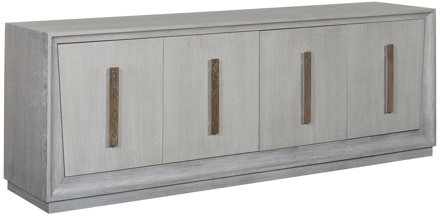 Ridge media Console with Four doors with two adjustable shelves, behind left and right door, One adjustable shelf behind center doors, and flat bar hardware in ridge silver.