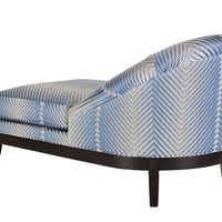 Lisette Chaise in light blue and white colors, back side view.