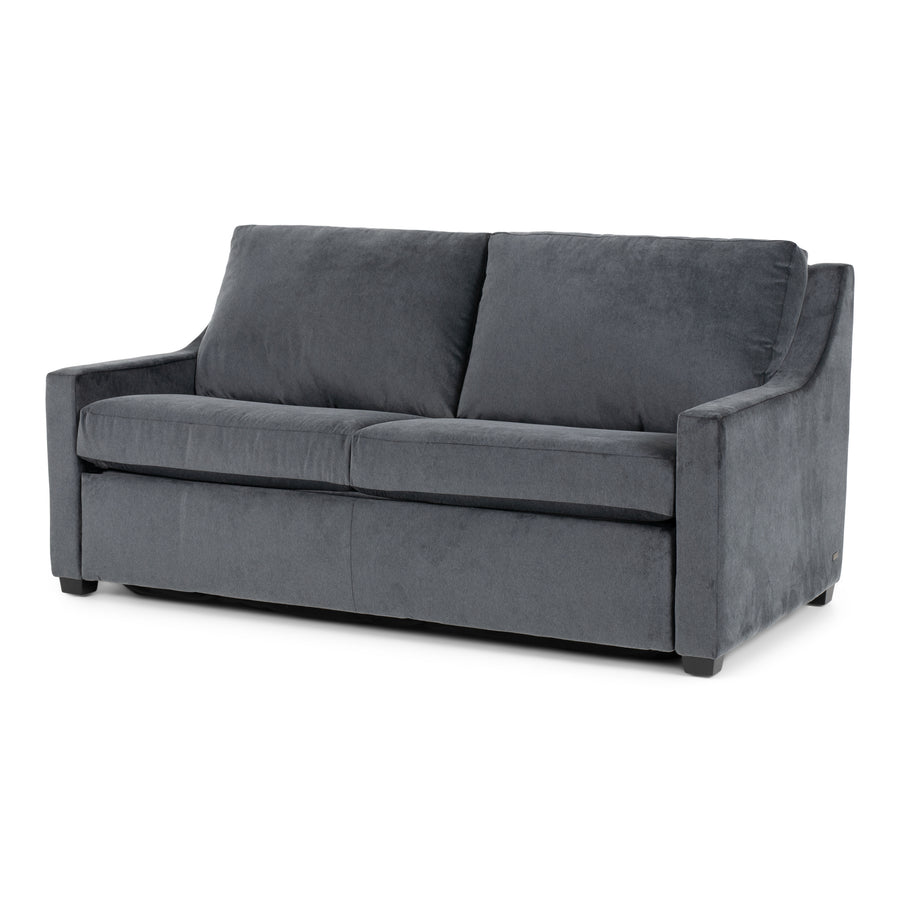 American Leather Perry Two Seat Standard Comfort Sofa bed in grey color with wooden legs, front view.