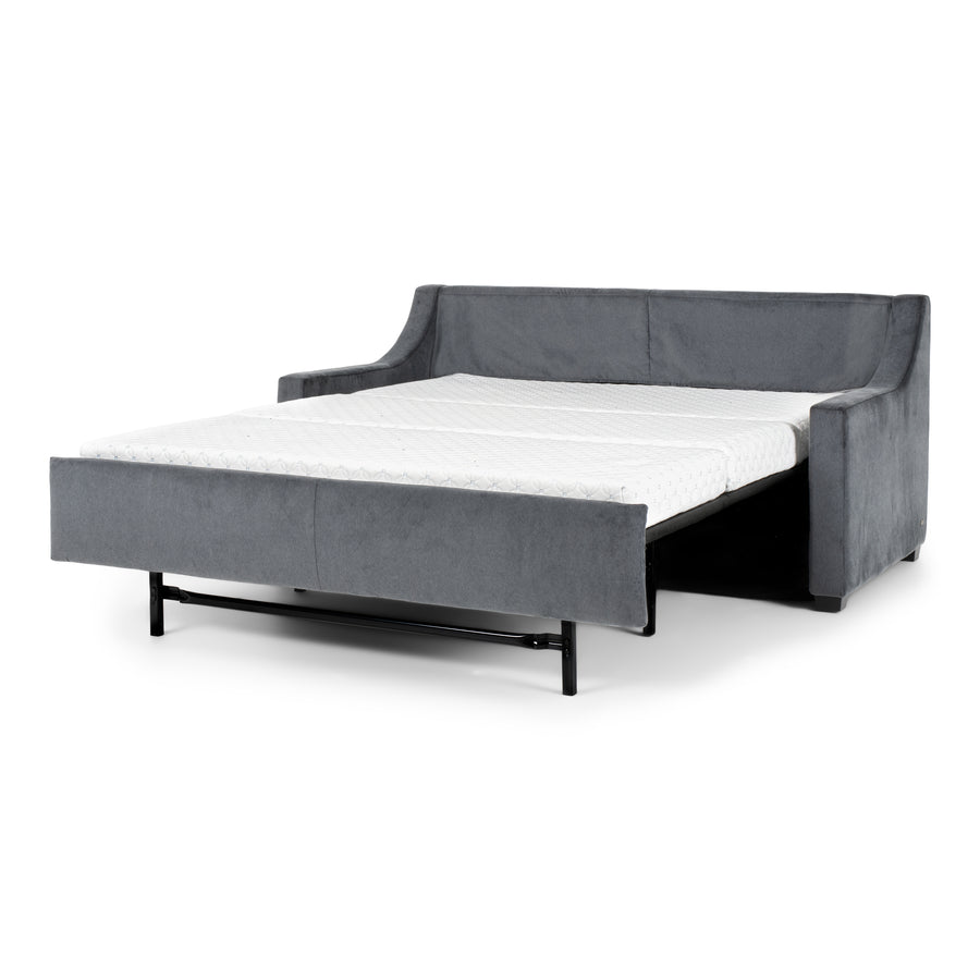 American Leather Perry Two Seat Standard Comfort Sofa bed in grey color with wooden legs, front and side view, pulled-out.
