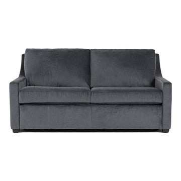 American Leather Perry Two Seat Standard Comfort Sofa bed in grey color with wooden legs, front view.