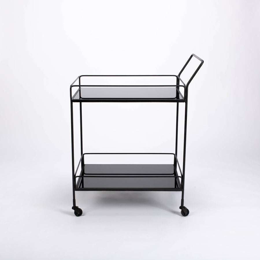 Two level Dixon Bar Cart with a heavy dose of lustrous mirror and garnished with streamlined metal frame. Side view.
