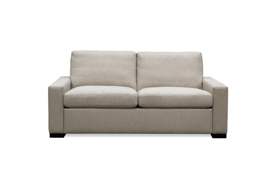 American Leather Rogue Two Seat Comfort Sofa bed in light colors, front view.