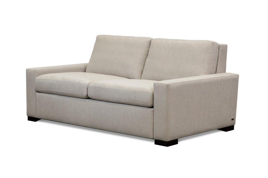 American Leather Rogue Two Seat Comfort Sofa bed in light colors, front and side view.