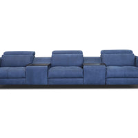 Blue leather luxury theatre sectional with sophisticated design, ultra smooth battery operated reclining head and footrest and table trays