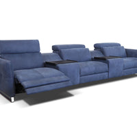 Blue leather luxury theatre sectional with sophisticated design, ultra smooth battery operated reclining head and footrest and table trays, reclined left seat.