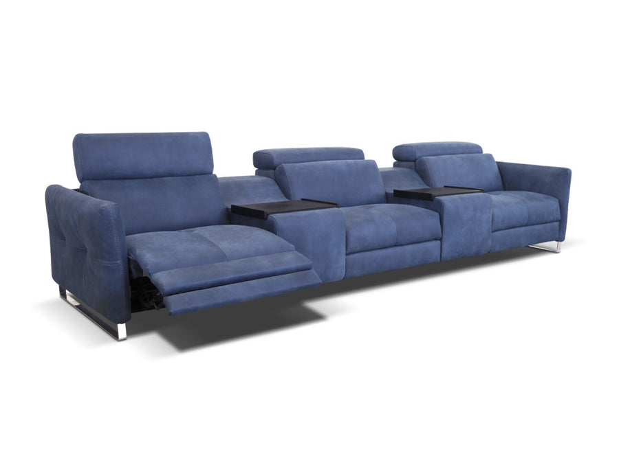 Blue leather luxury theatre sectional with sophisticated design, ultra smooth battery operated reclining head and footrest and table trays, reclined left seat.