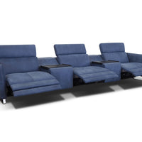 Blue leather luxury theatre sectional with sophisticated design, ultra smooth battery operated reclining head and footrest and table trays, reclined seats.