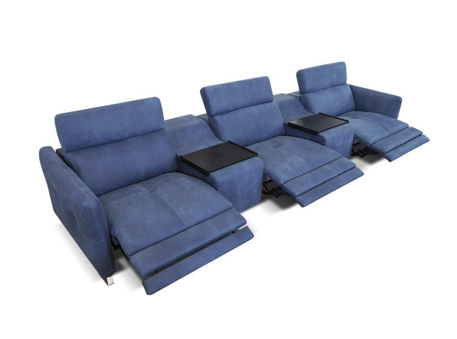 Blue leather luxury theatre sectional with sophisticated design, ultra smooth battery operated reclining head and footrest and table trays, reclined seats.