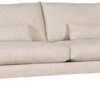 Thea Stocked two seat sofa with medium firm seat and back done in a feather blend cushion with lower arm that is shaped from back to front. Front view.