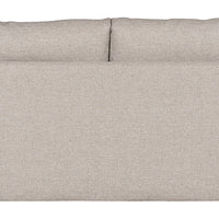 Light grey two seat Wynne Stocked Sofa with curved back and front and single seat cushion and 2 back pillows. Back view.