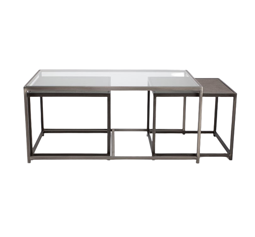 Metal nesting cocktail table consisting of glass top center table and 2 outer bunching tables, slide under the ends of the center table