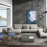 Modular leather Smart sofa and sectional with shifting mechanism which can be applied to any backrest, including the corner section. Placed in a modern living room.