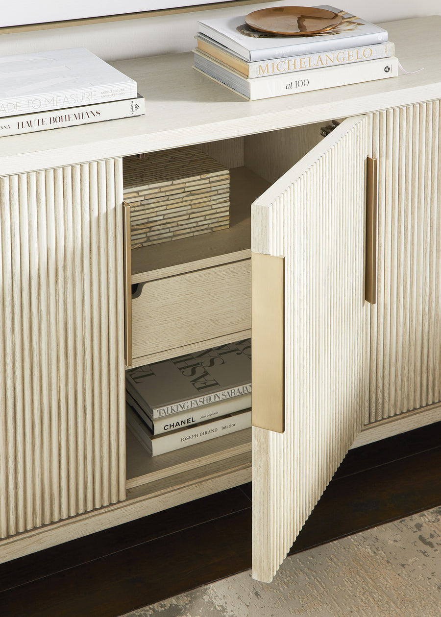 Partial view of Axis Media Console cabinet, with middle door opened.