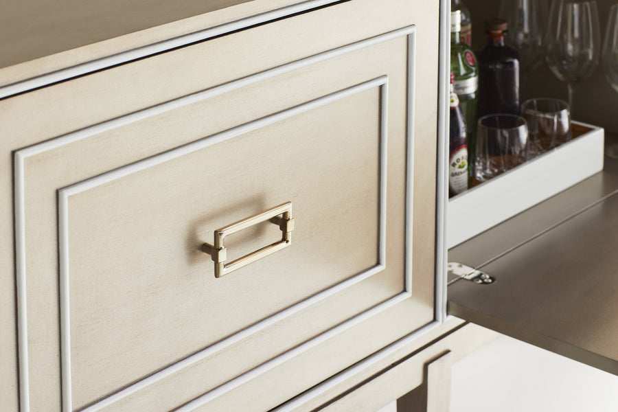 Marler Storage Cabinet with Three Drop Down Doors and Polished Nickel hardware. Closed up view on door and hardware.