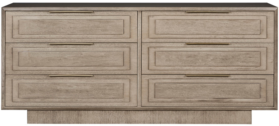 Bowers 6-Drawer Chest by Vanguard Furniture finished by Silverthorne and with a hardware by Satin Brass. Light grey color. Front view.